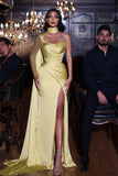Stylish Yellow One Shoulder Long Sleeve Mermaid Prom Dress Showcasing a Slit BM bride