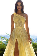 BMbride Elegant Yellow One Shoulder Sequined A-line Prom Dress With Slit BMbride