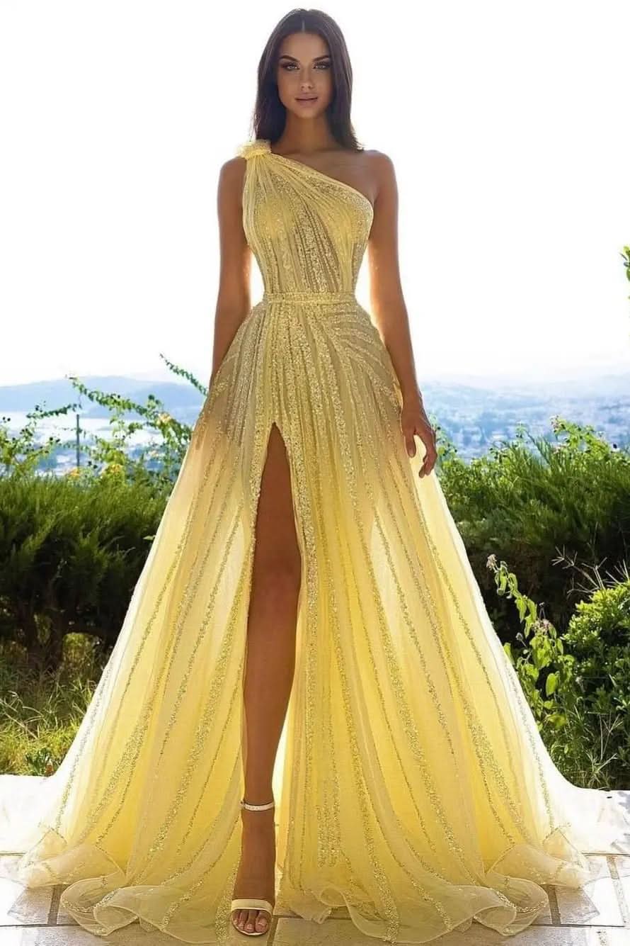 BMbride Elegant Yellow One Shoulder Sequined A-line Prom Dress With Slit BMbride