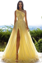 BMbride Elegant Yellow One Shoulder Sequined A-line Prom Dress With Slit BMbride