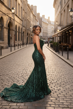 Emerald Green Sequined Prom Dress - European Street Style