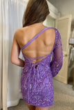 Exquisite Emerald One-Sleeve Sequin Lace-Up Embroidered Short Homecoming Dress BM bride