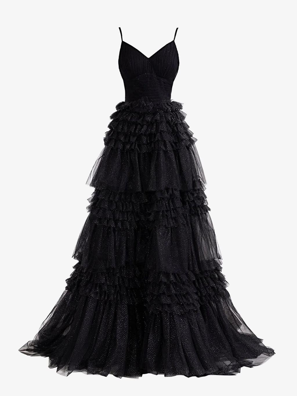 Stylish Black A-Line Deep V Neck Tiered Long Glitter Tulle Prom Dress BM bride