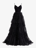 Stylish Black A-Line Deep V Neck Tiered Long Glitter Tulle Prom Dress BM bride