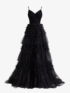 Stylish Black A-Line Deep V Neck Tiered Long Glitter Tulle Prom Dress BM bride