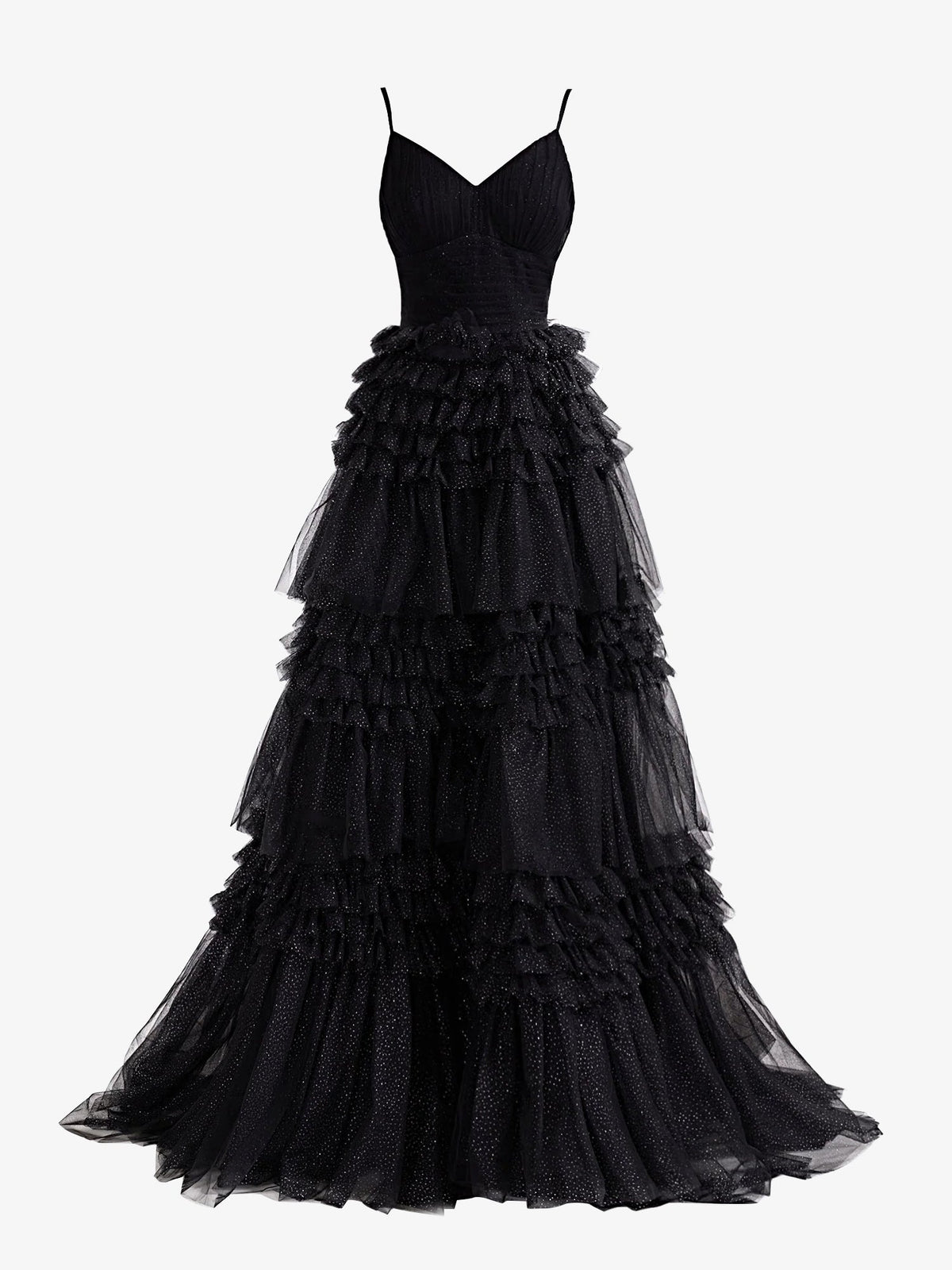 Stylish Black A-Line Deep V Neck Tiered Long Glitter Tulle Prom Dress BM bride
