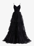 Stylish Black A-Line Deep V Neck Tiered Long Glitter Tulle Prom Dress BM bride