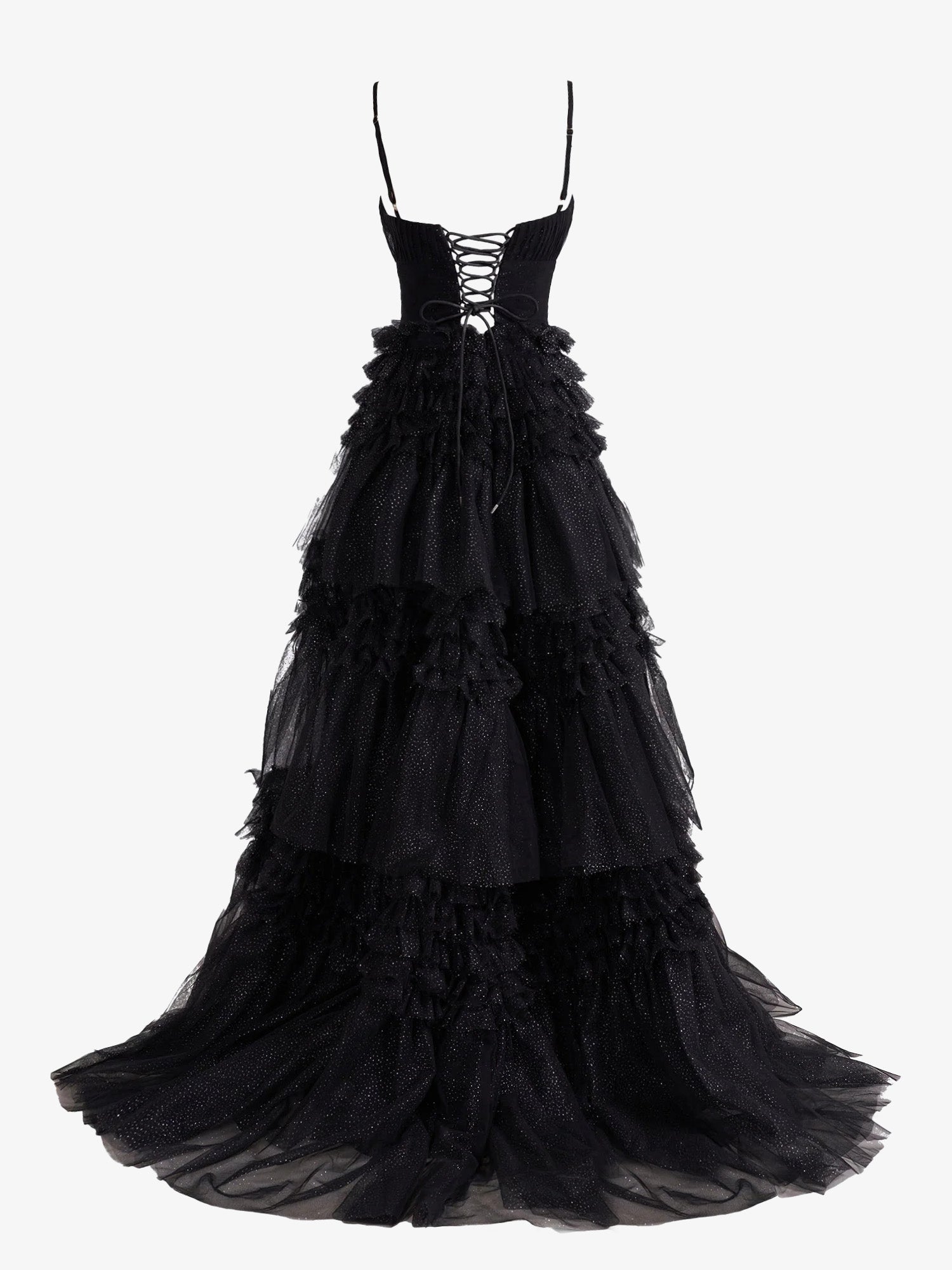 Stylish Black A-Line Deep V Neck Tiered Long Glitter Tulle Prom Dress BM bride