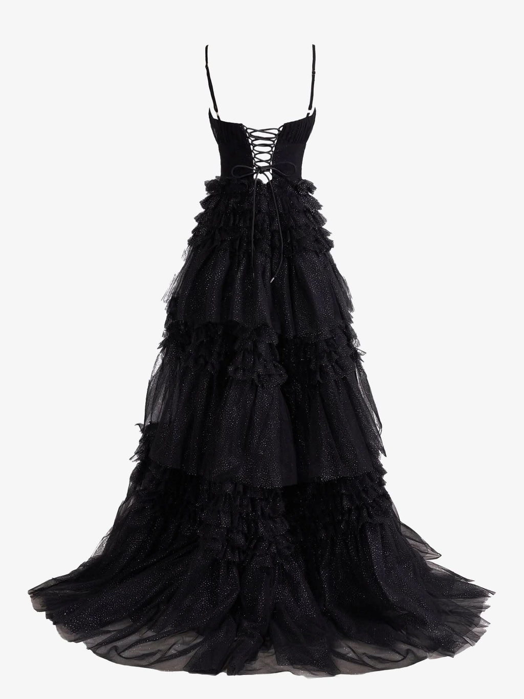 Stylish Black A-Line Deep V Neck Tiered Long Glitter Tulle Prom Dress BM bride