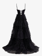 Stylish Black A-Line Deep V Neck Tiered Long Glitter Tulle Prom Dress BM bride