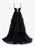 Stylish Black A-Line Deep V Neck Tiered Long Glitter Tulle Prom Dress BM bride