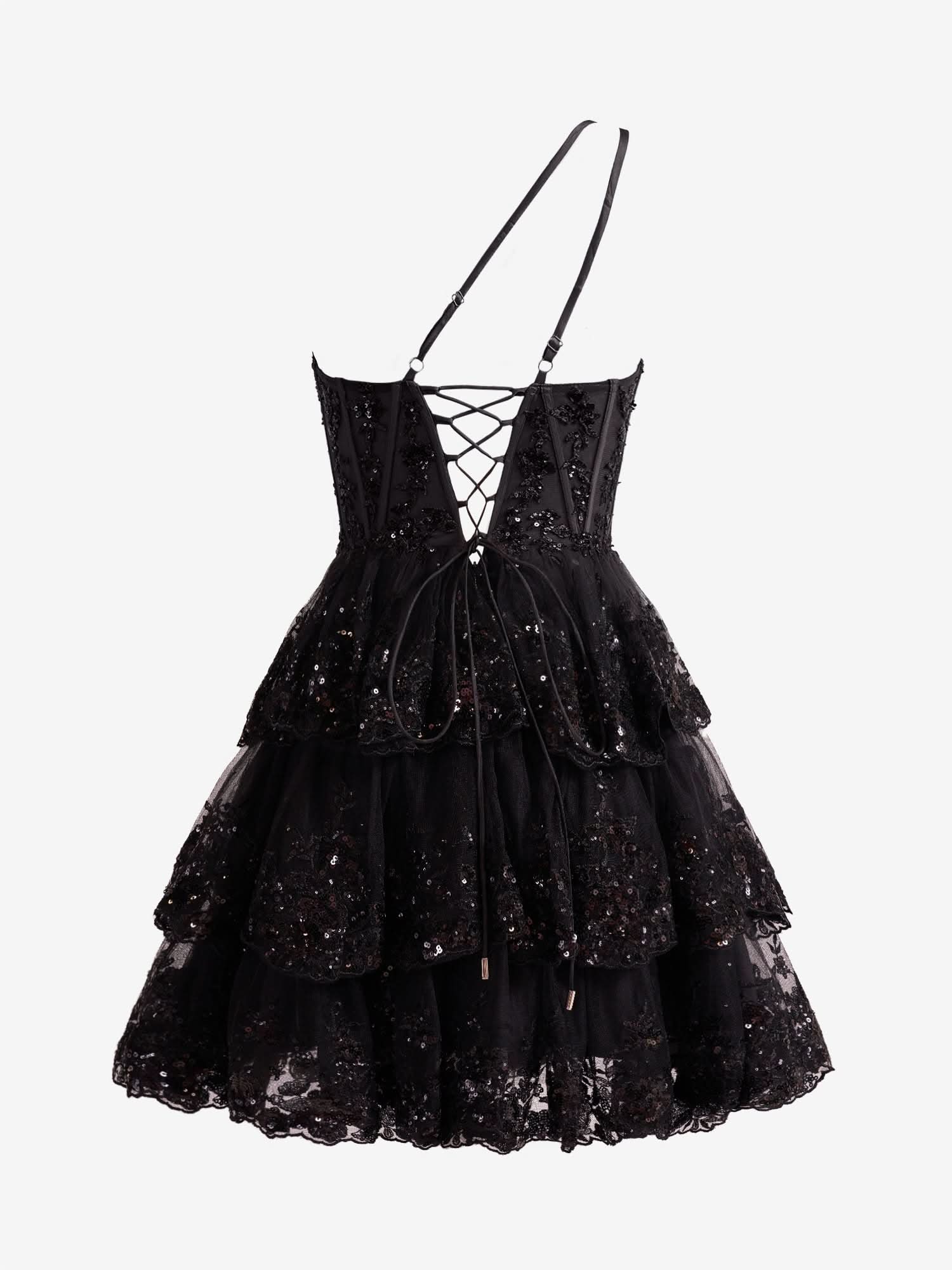 Unique Black A-Line One Shoulder Navy Tiered Lace Short Homecoming Dress BM bride