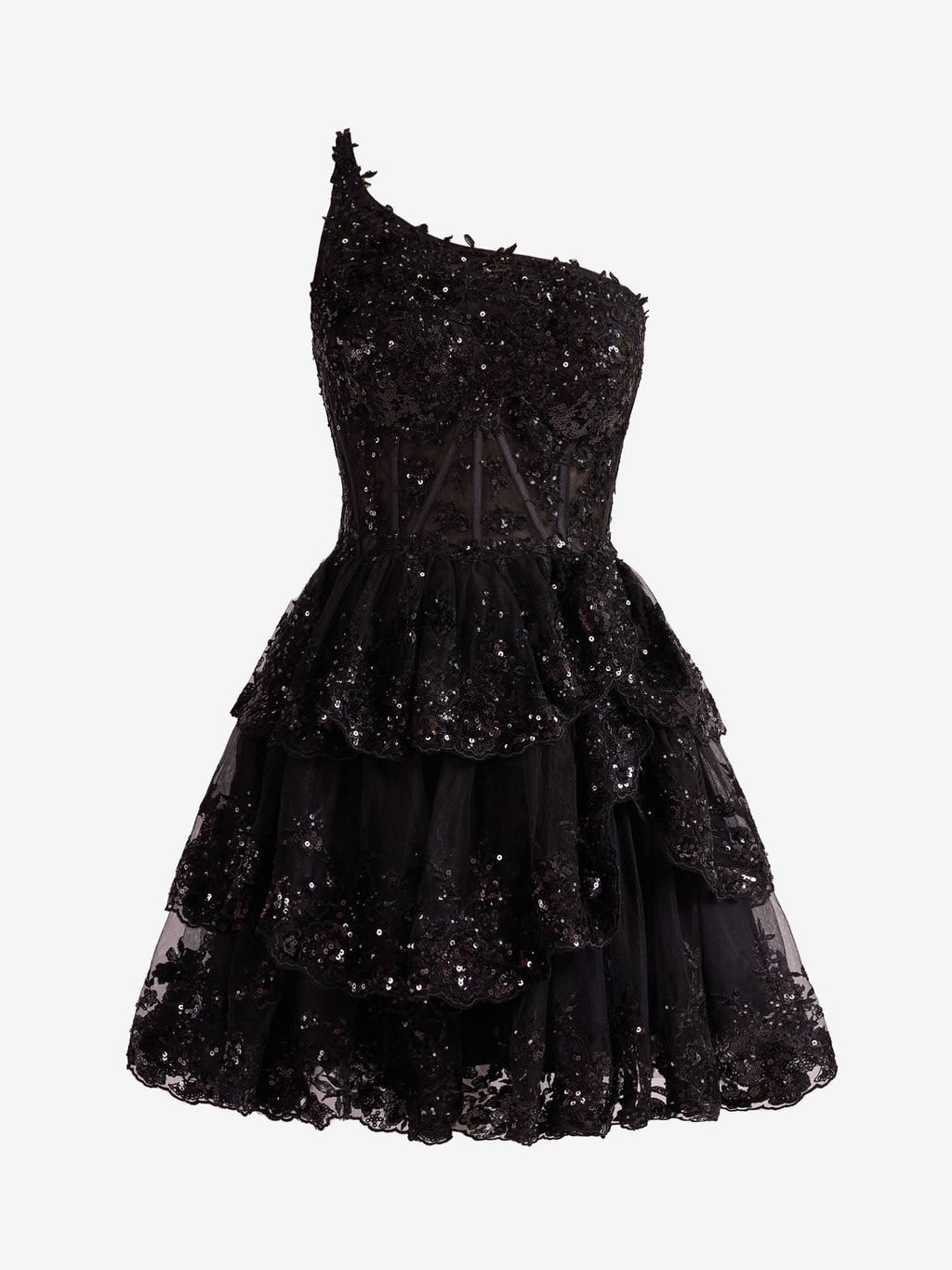 Unique Black A-Line One Shoulder Navy Tiered Lace Short Homecoming Dress BM bride
