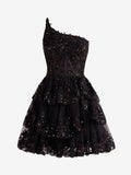 Unique Black A-Line One Shoulder Navy Tiered Lace Short Homecoming Dress BM bride