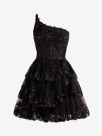 Unique Black A-Line One Shoulder Navy Tiered Lace Short Homecoming Dress BM bride