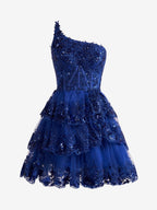 One Shoulder Navy Tiered Lace Short Homecoming Dress BM bride