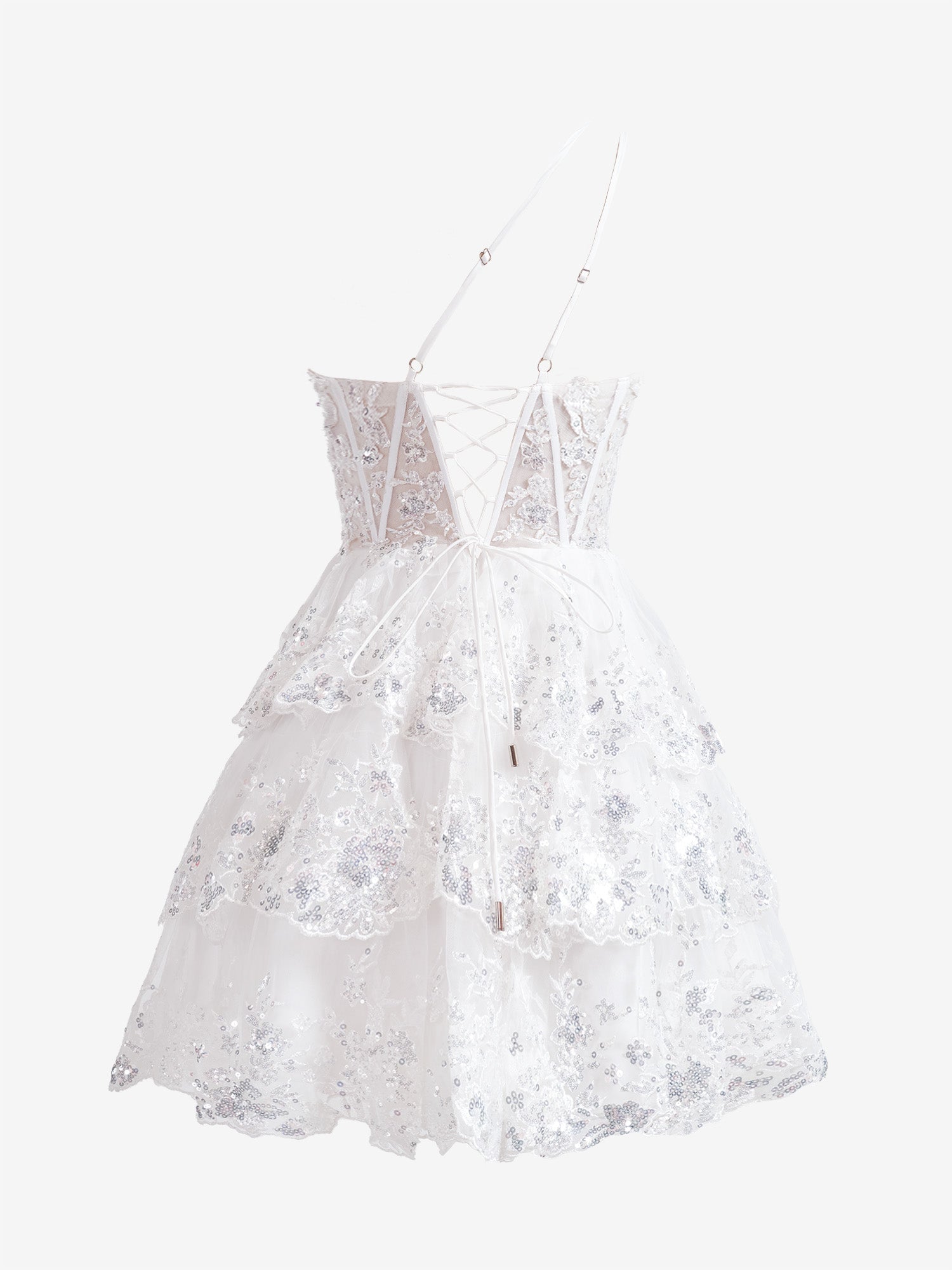 Emma | White A Line One Shoulder Navy Tiered Lace Short Homecoming Dress BM bride