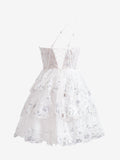 Emma | White A Line One Shoulder Navy Tiered Lace Short Homecoming Dress BM bride
