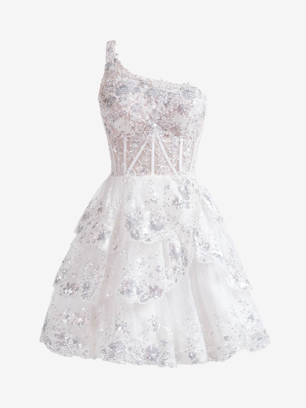 Emma | White A Line One Shoulder Navy Tiered Lace Short Homecoming Dress BM bride