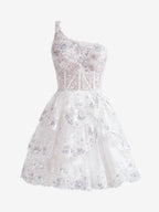 One Shoulder Navy Tiered Lace Short Homecoming Dress BM bride