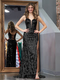 Elegant Black Sheath Sequins Long Prom Dress with Slit BM bride