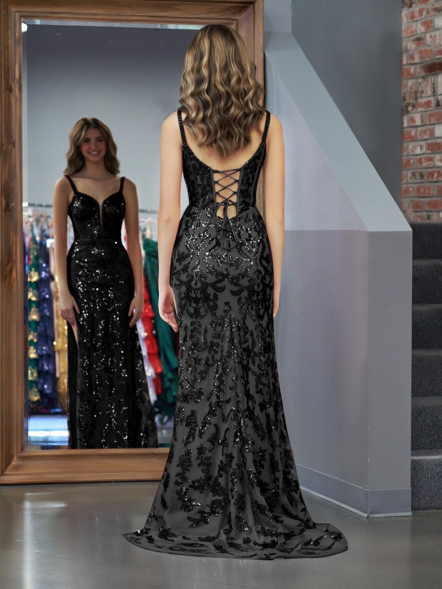 Elegant Black Sheath Sequins Long Prom Dress with Slit BM bride