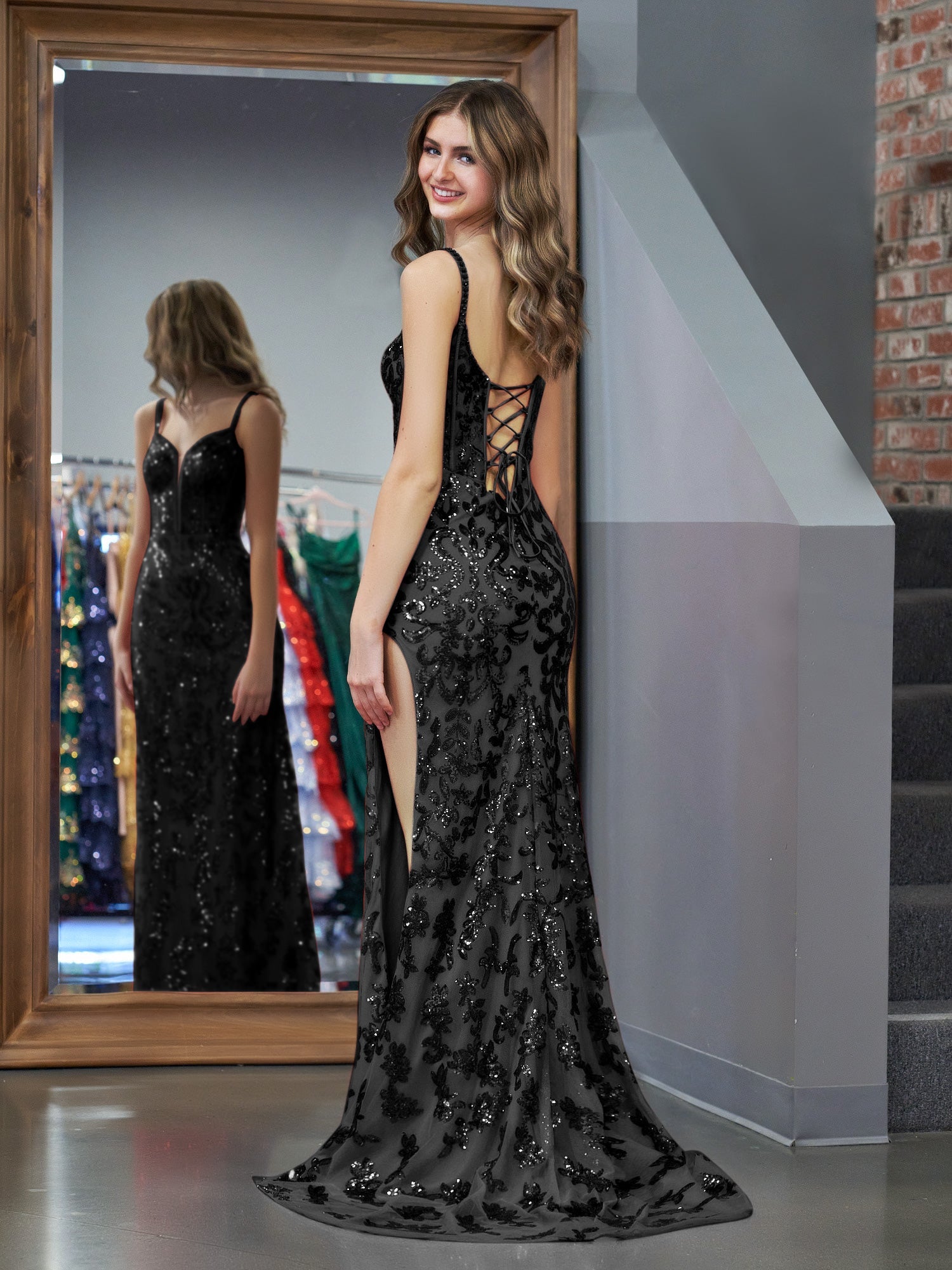 Elegant Black Sheath Sequins Long Prom Dress with Slit BM bride