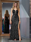 Elegant Black Sheath Sequins Long Prom Dress with Slit BM bride