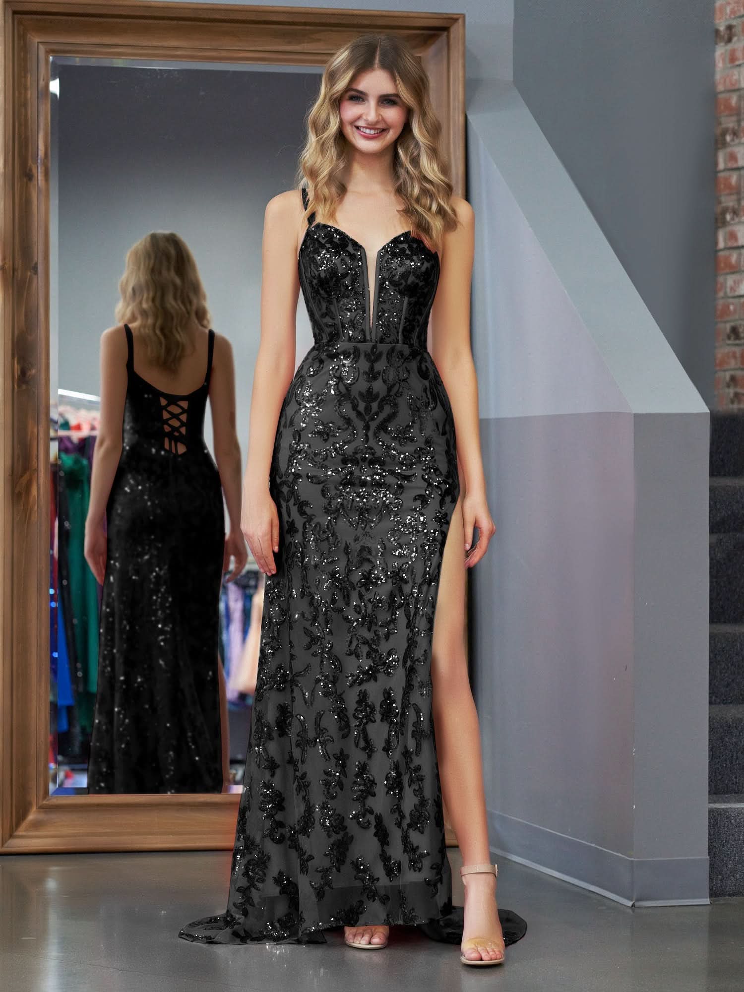 Elegant Black Sheath Sequins Long Prom Dress with Slit BM bride