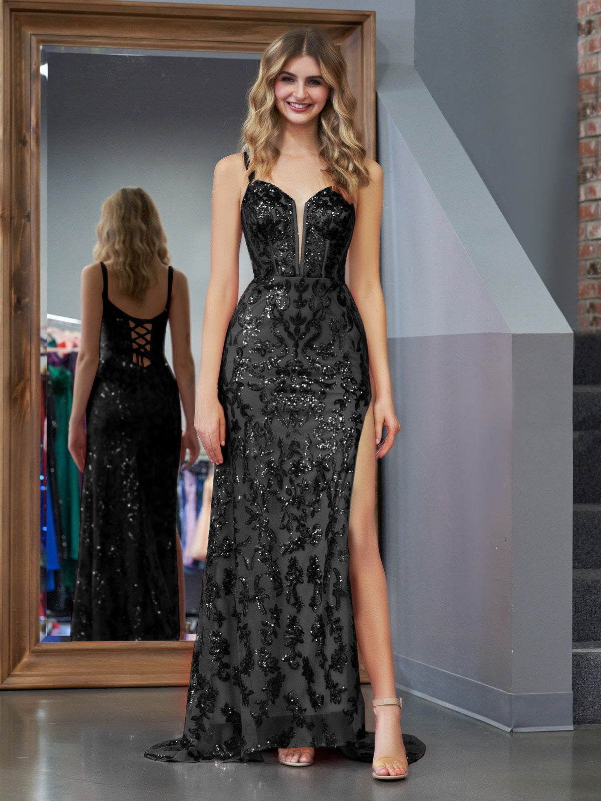 Elegant Black Sheath Sequins Long Prom Dress with Slit BM bride