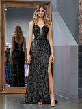 Elegant Black Sheath Sequins Long Prom Dress with Slit BM bride