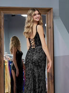 Elegant Black Sheath Sequins Long Prom Dress with Slit BM bride