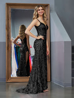 Elegant Black Sheath Sequins Long Prom Dress with Slit BM bride