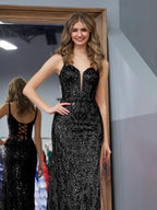 Elegant Black Sheath Sequins Long Prom Dress with Slit BM bride
