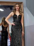 Elegant Black Sheath Sequins Long Prom Dress with Slit BM bride