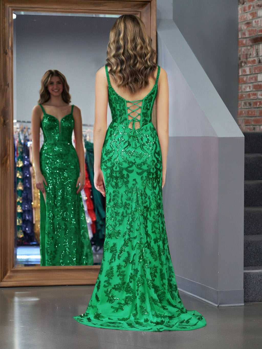 Eye-Catching Green Sheath Sequins Long Prom Dress with Slit BM bride
