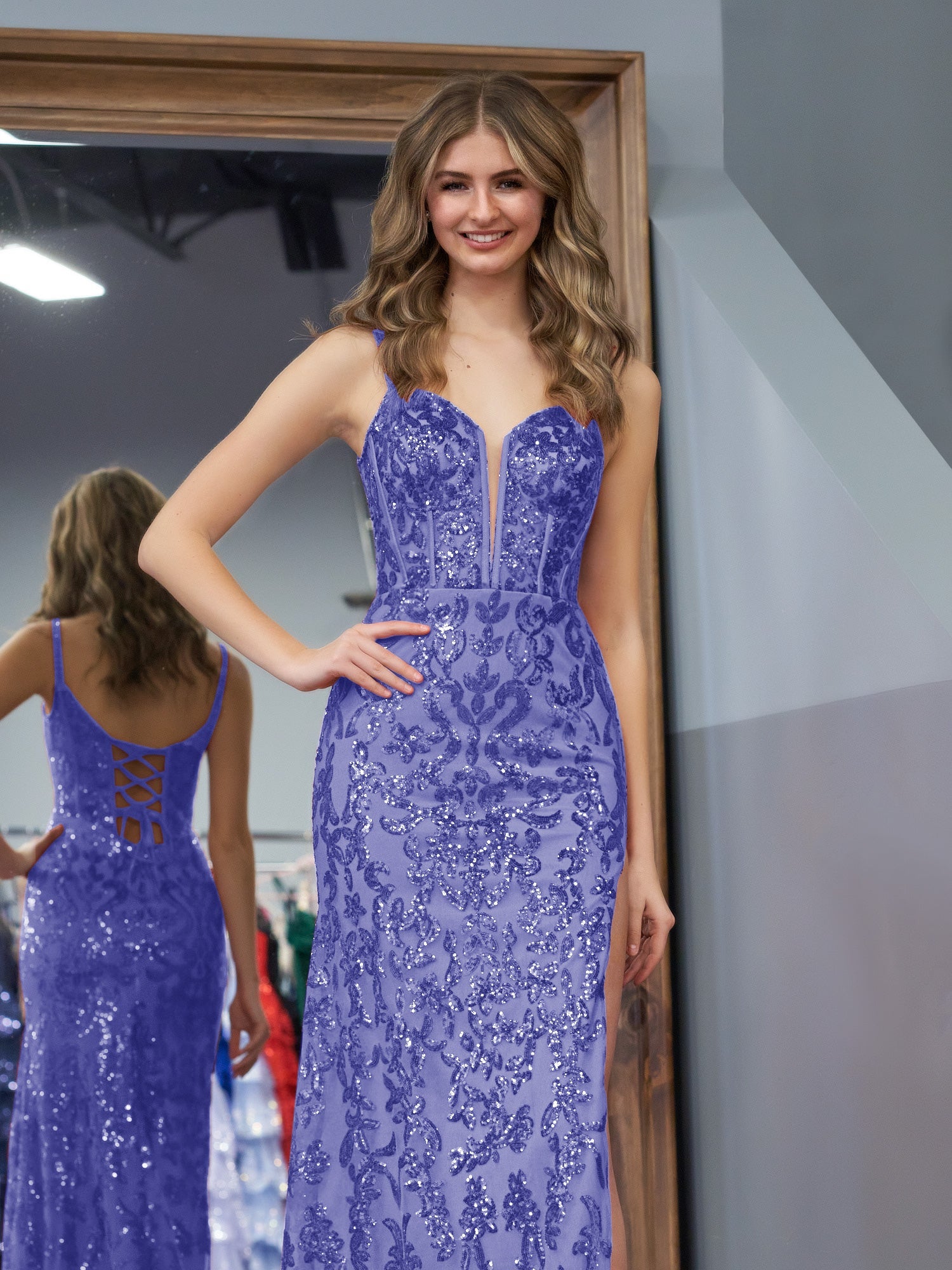 Stunning Purple Sheath Sequins Long Prom Dress with a Captivating Slit BM bride