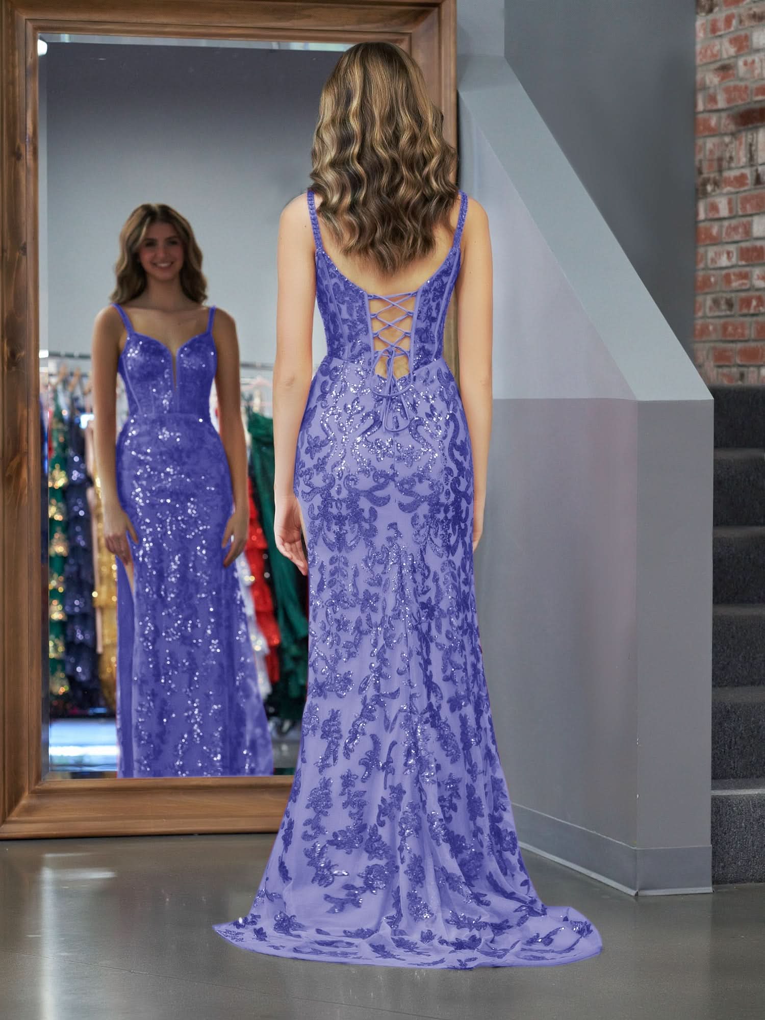 Stunning Purple Sheath Sequins Long Prom Dress with a Captivating Slit BM bride