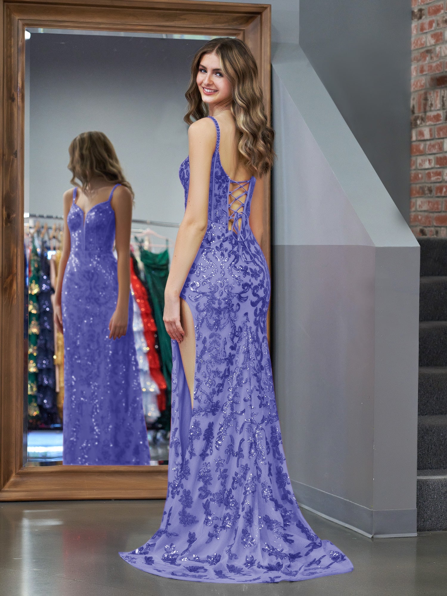 Stunning Purple Sheath Sequins Long Prom Dress with a Captivating Slit BM bride