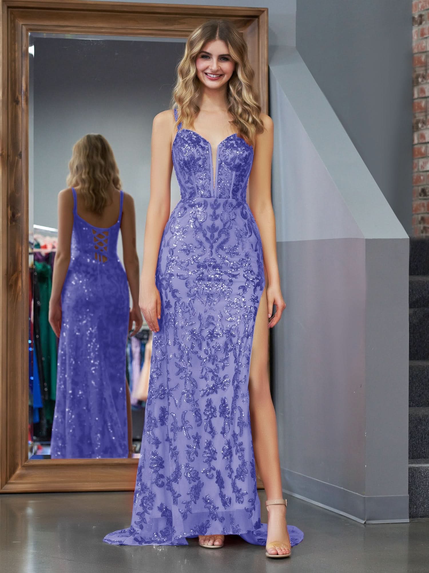 Stunning Purple Sheath Sequins Long Prom Dress with a Captivating Slit BM bride