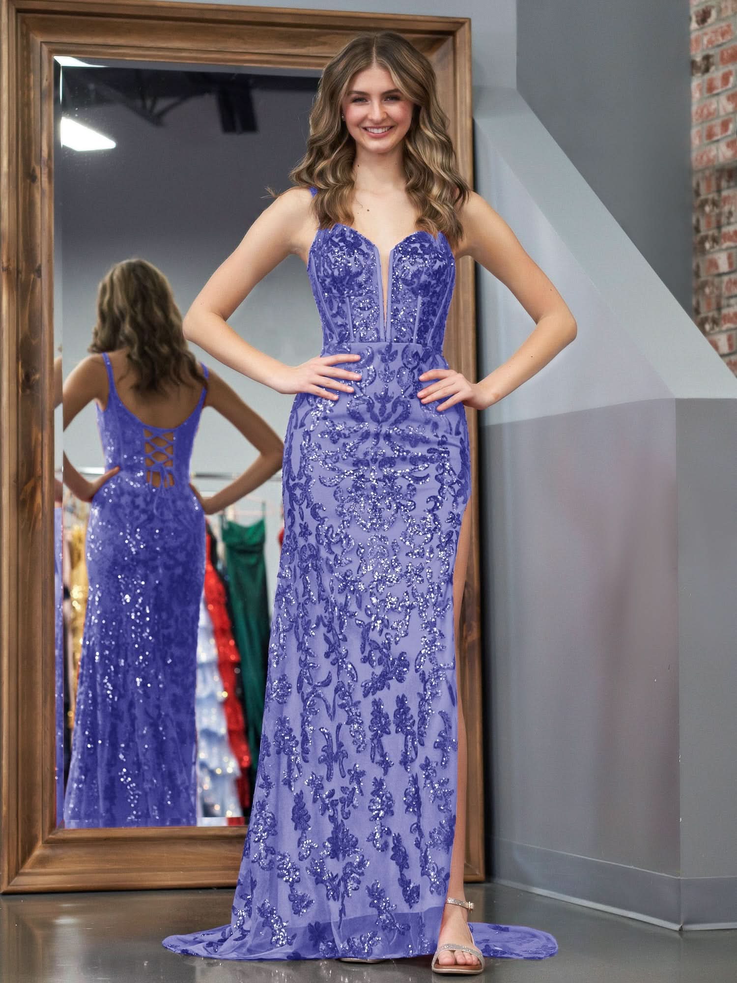 Stunning Purple Sheath Sequins Long Prom Dress with a Captivating Slit BM bride