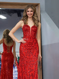 Daring Red Sheath Sequins Long Prom Dress with Slit BM bride