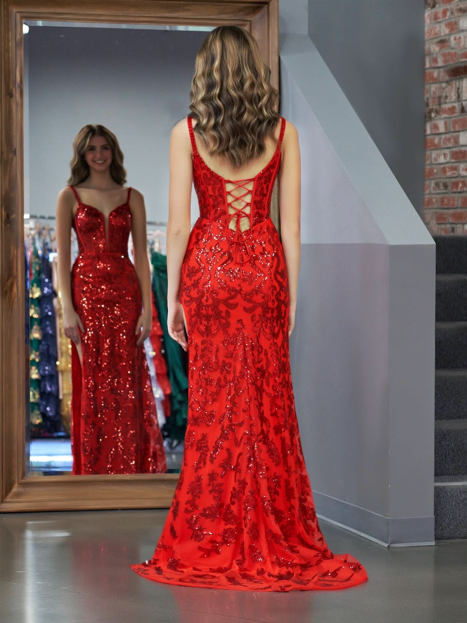 Daring Red Sheath Sequins Long Prom Dress with Slit BM bride