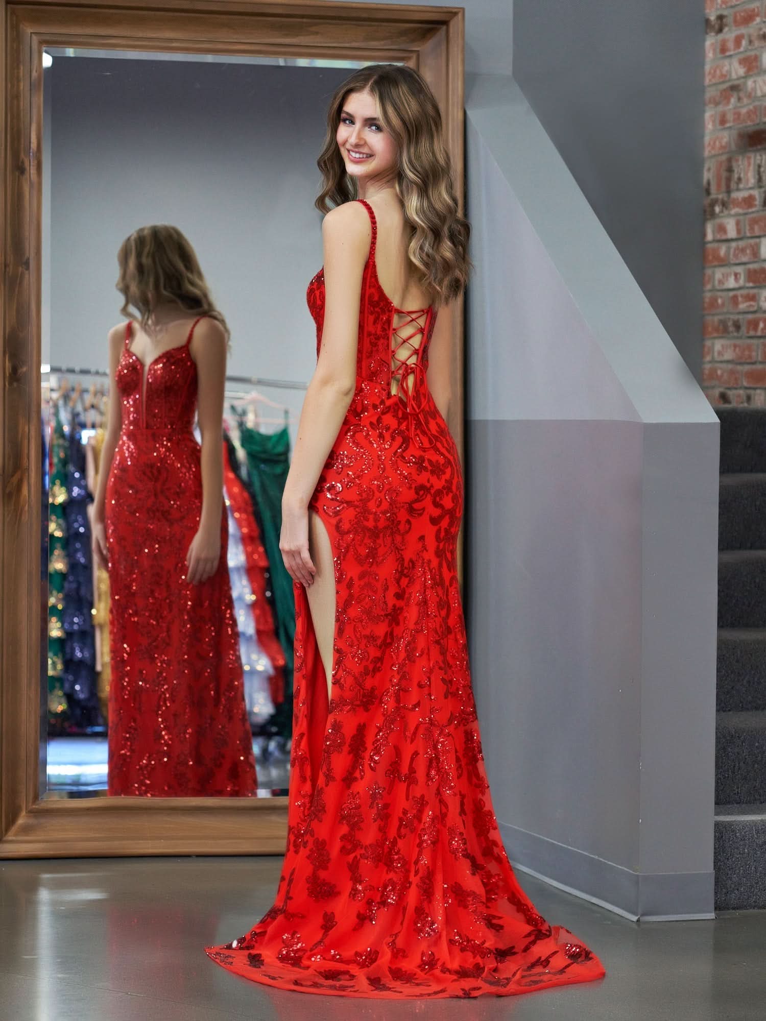 Daring Red Sheath Sequins Long Prom Dress with Slit BM bride
