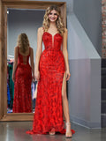 Daring Red Sheath Sequins Long Prom Dress with Slit BM bride