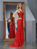 Daring Red Sheath Sequins Long Prom Dress with Slit BM bride