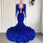 BMbride Exquisite Blue V-neck Sequins Long Sleeve Floor-length Mermaid Prom Dresses BMbride