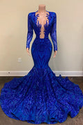 BMbride Exquisite Blue V-neck Sequins Long Sleeve Floor-length Mermaid Prom Dresses BMbride