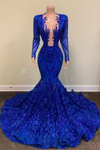 BMbride Exquisite Blue V-neck Sequins Long Sleeve Floor-length Mermaid Prom Dresses BMbride