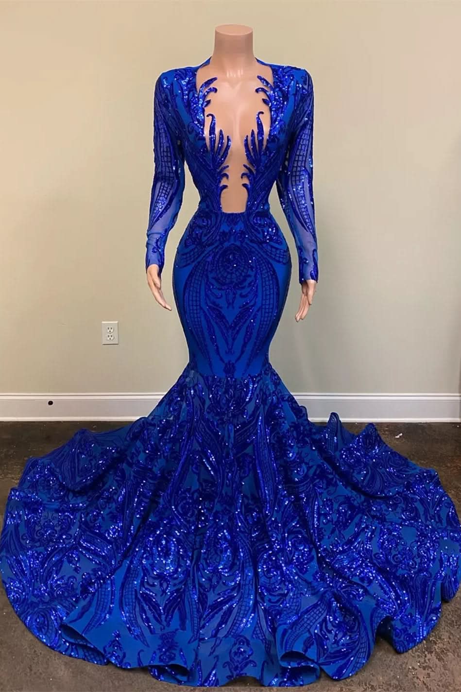 BMbride Exquisite Blue V-neck Sequins Long Sleeve Floor-length Mermaid Prom Dresses BMbride
